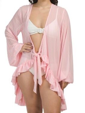 CAROLINE CONSTAS Charlize Mini Swimsuit Cover Up Robe NWT Pink White Stripe